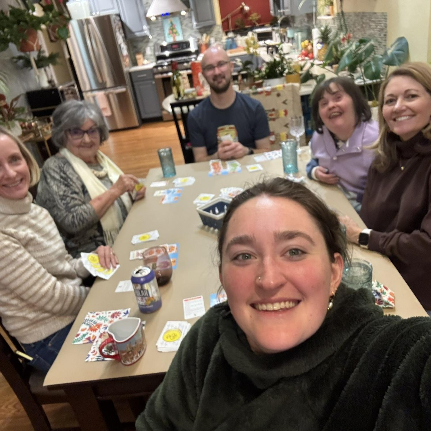 Our monthly game night with Aunt Carla and Sara - Nana and Auntie Julie get to join!