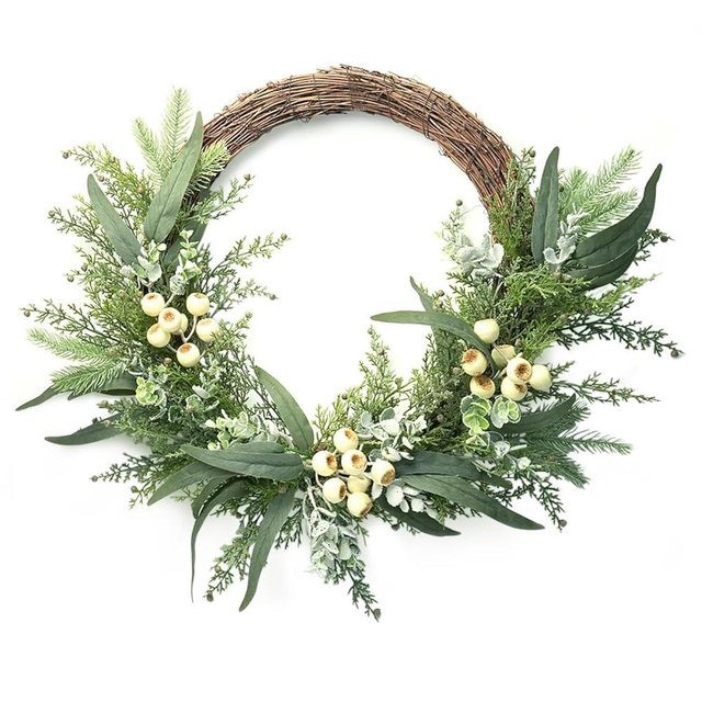 Softflame Artificial Eucalyptus Wreath 24 Inch for Front Door, Half Wreath with Big White Berries and Eucalyptus Leaves for Wedding Home Décor Outdoor Décor
