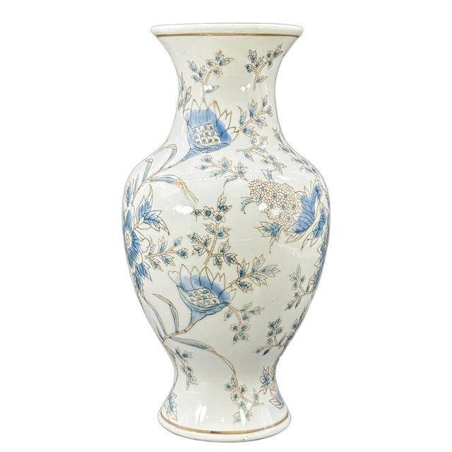 Galt International White & Blue Floral Chinoiserie Ceramic Vase 14" - Hand Painted Antique Style Porcelain Flower Bottle Fishtail Porcelain Chinese Vase for Home Decor Centerpiece