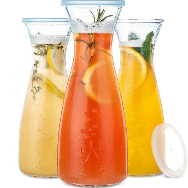 PRESTIGE Mimosa Bar Glass Carafe With Lids - 27oz Glass Mimosa Pitcher w/ Plastic Carafe Lid, Wine Carafes Pitchers, Juice Jar Containers, Juice Jug Set, Brunch Drink Pitchers for Parties (Carafes)