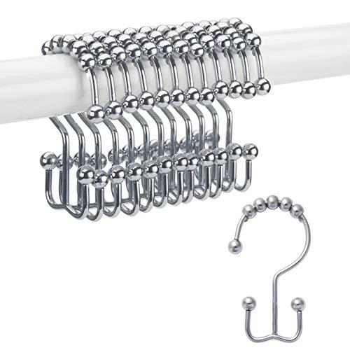 Titanker Shower Curtain Hooks Rings, Anti-Rust Metal Double Glide Shower Hooks for Bathroom Shower Rods Curtains, Set of 12 Hooks - Chrome