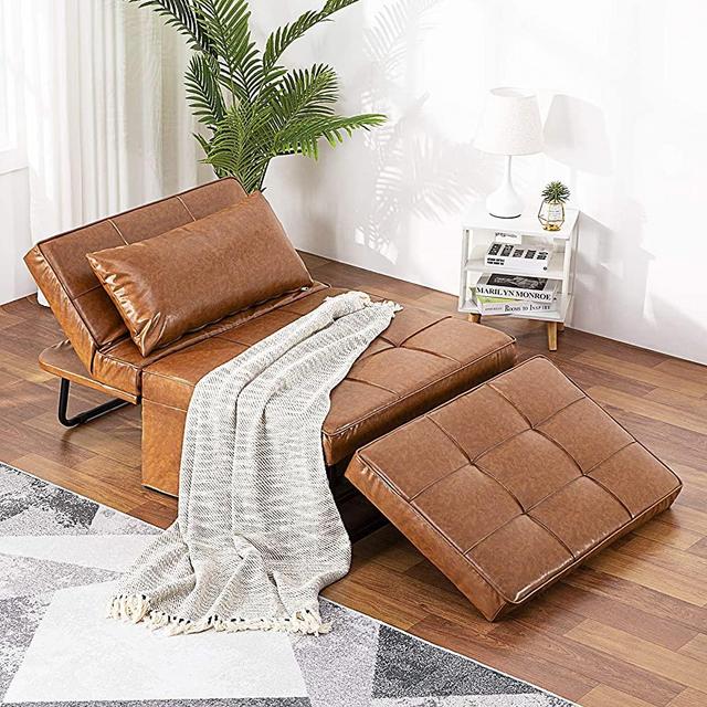 Vonanda Leather Ottoman Sleeper Chair Bed,Small Modern Couch Multi-Position Convertible with Selected Leather Fabrics and Unique Sturdy Frame for Small Space, Caramel