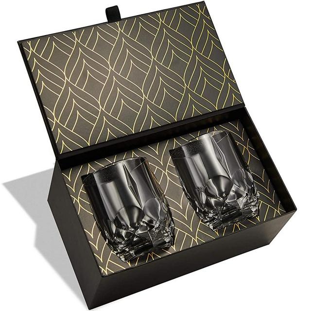 Bohemian Crystal Whiskey Glasses - European Crafted Set of 2 Iconic Glass Tumblers (11.7oz) for Scotch, Bourbon, Old Fashioned Cocktails & Drinks - Elegant Gold Foil Gift Box by ROCKS