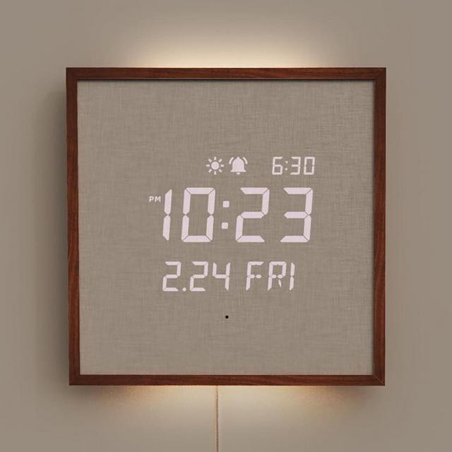 mooas Wooden Frame LED Silent Wall Clock with Remote Control, Backlight Nightlight Digital Wood Wall Clock (Dark Wood)