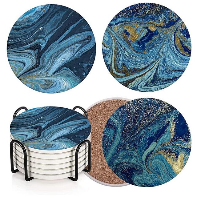 Coaster for Drinks Set of 6, Blue Golden Marble Gold Green Absorbent Round Ceramic Stone Mat, with Cork Base and Metal Holder, Gift for Housewarming Room Bar Decor