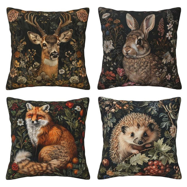 Vintage Forest Animals Pillows Cover Set of 4 Deer Fox Rabbit Hedgehog Decor Throw Pillow Covers Wildlife Pillowcase Cushion Case Pillow Decorative for Couch Sofa Home Office Outdoors 16x16 Inch