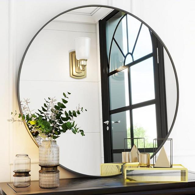 VooBang Black Round Bathroom Mirror, 30 inch Circle Mirror, Round Wall Mirror with Simple Metal Frame, Modern Round Hanging Mirror for Bathroom, Hallway, Livng Room (Black Frame)