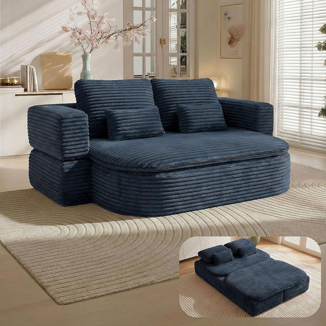 IZLKQC 75'' Folding Sleeper Sofa Bed, Convertible Memory Foam Boneless Couch, Foldable Full Size Guest Bed, Modern 2-in-1 Futon Floor Sleeper Sofa with 4 Pillows and Blanket (Corduroy, Blue)