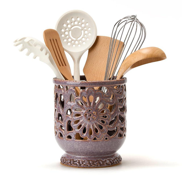 JH JIEMEI HOME Farmhouse Kitchen Utensil Holder for Countertop, Ceramic Large Cooking Utensil Crock with Cork Mat, Decorative Rustic Utensil Holder for Kitchen Counter, Hollow Carving Flower, Purple