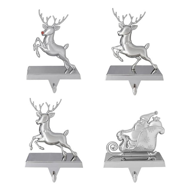 K9King Christmas Stocking Holder Set of 4 - Santa’s Sleigh Rudolph The Red Nose Reindeer Christmas Decorations Decorative Metal Hanger for Stockings Holiday Mantle Decor