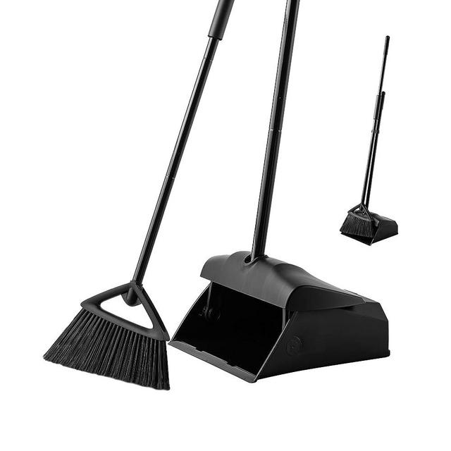 Eyliden Commercial Angle Broom and Dustpan Combo, with Long Handle, Lobby Dust Pan Sweep Set for Outdoor Garages Courtyard Sidewalks Decks Indoor Home Kitchen Room Office (Black Broom+Dustpan)