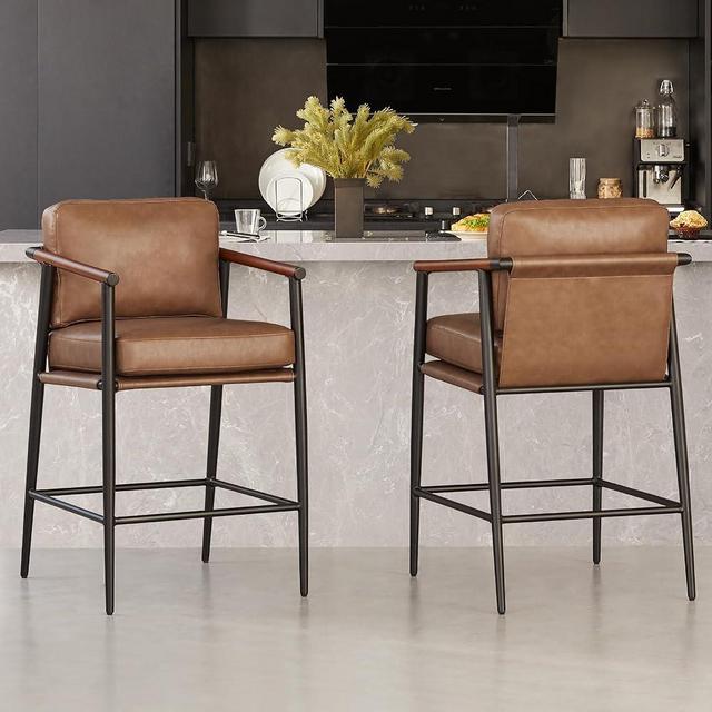 Watson & Whitely Mid Century Modern Barstools Set of 2, 26" H Upholstered Counter Height Bar Stools with Wood Armrests and Metal Legs, Faux Leather in Saddle Brown