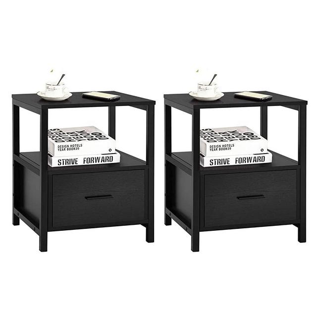 VECELO Nightstand Set of 2 with Drawer and Open Shelf Modern Square End Side Table for Storage in Bedroom, Living Room, Small Space, Stable Metal Frame, Black, 2 Pack