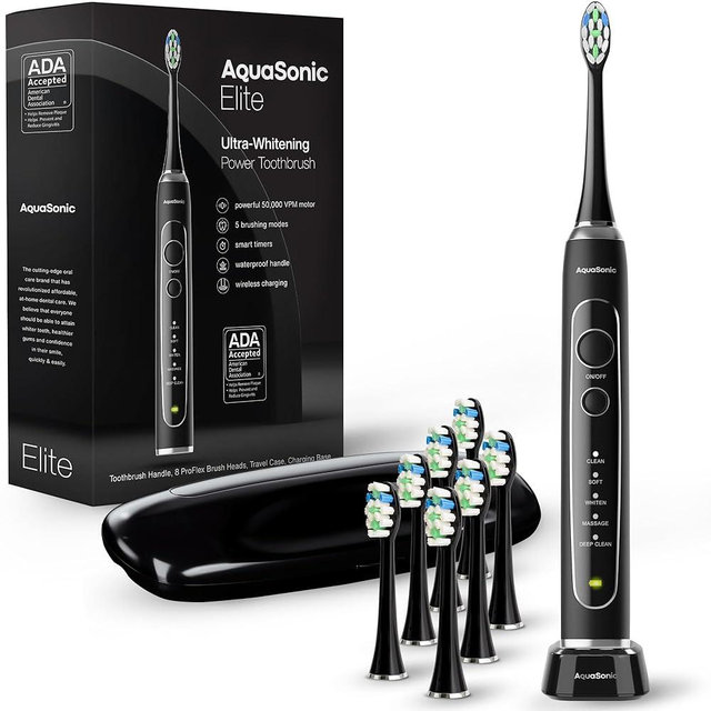 Aquasonic Elite Ultra-Whitening Toothbrush – ADA Accepted Power Toothbrush - 8 Proflex Brush Heads & Travel Case – 50,000 VPM Motor & Wireless Charging - 5 Modes w Smart Timer (Black)