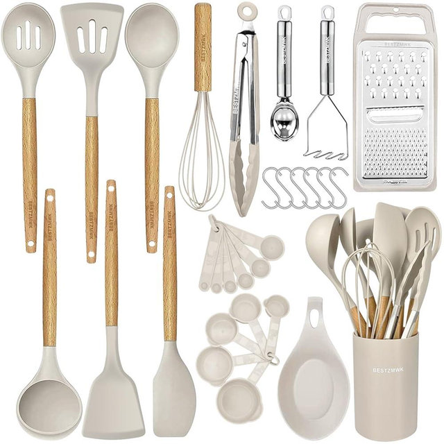 Kitchen Cooking Utensils Set,29 pcs Non-Stick Silicone Cooking Kitchen Utensils Set with Holder, Wooden Handle Silicone Kitchen Gadgets Utensil Set Spatula Turner Spoon Tongs Whisk (Khaki)
