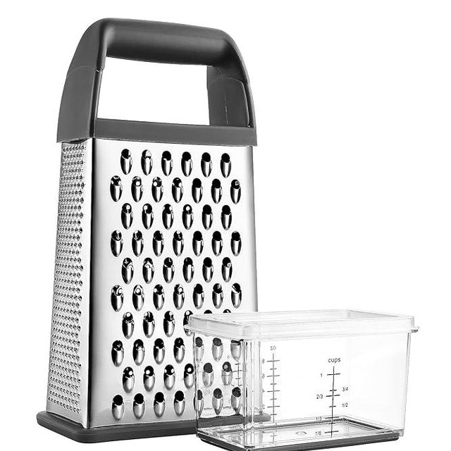 Spring Chef Professional Cheese Grater With Storage Container, Stainless Steel & Soft Grip Handle, 4 Sides, Handheld Kitchen Food Shredder Best Box Grater for Parmesan, Vegetables, Ginger, 10" Gray