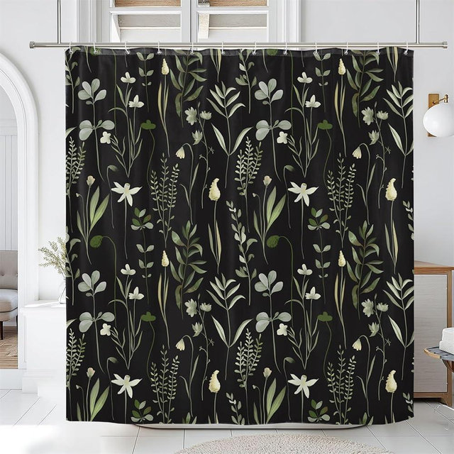 Ttincceer Herbaceous Plant Shower Curtain, Green Plants Herb Floral Bathroom Curtain, Black Botanical Shower Curtain Set with 12 Hooks for Bathroom, 72Wx72L inch