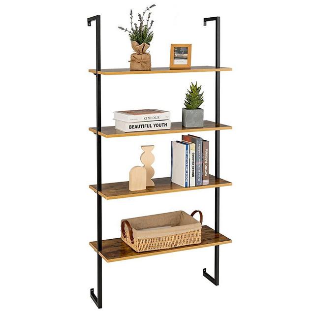 Tangkula 4-Tier Ladder Shelf Widened 30 Inch, Wall Mounted Ladder Bookshelf, Industrial Display Storage Rack Against The Wall, Plant Flower Stand, Metal Frame, Home Office Accent Furniture