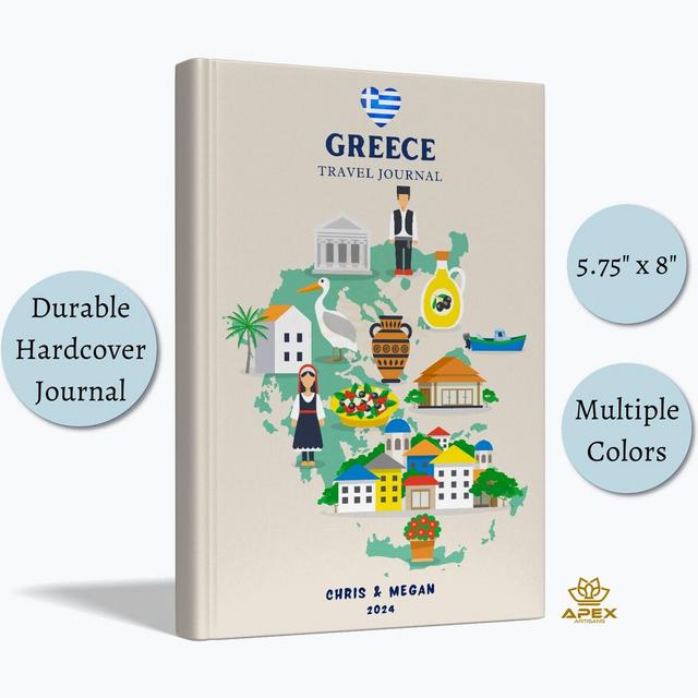 Greece Travel Journal, Greece Gift, Custom Greece Vacation Notebook, Greece Honeymoon Xmas Gift, Greek Map Scrapbook, Travel Memory Book