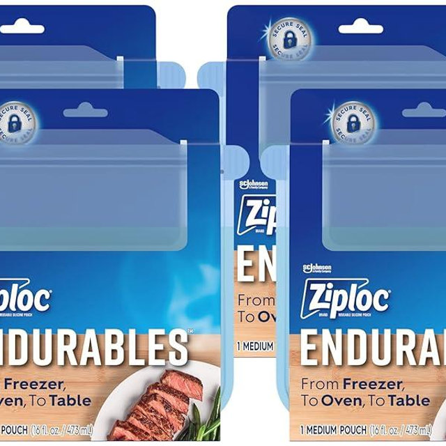 Ziploc Endurables Medium Pouch, 2 Cups, Reusable Silicone Bags and Food Storage Meal Prep Containers for Freezer, Oven, and Microwave, Dishwasher Safe (Pack of 4)