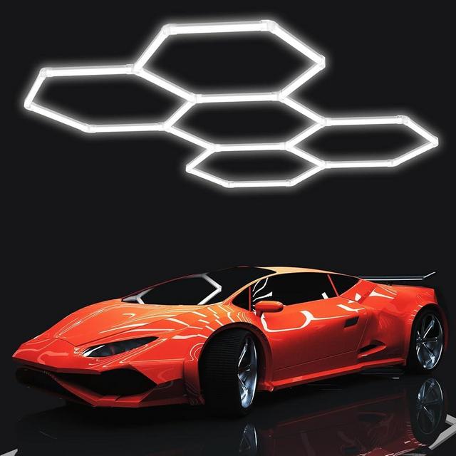 25 Pack Hexagon Led Lights Garage 144W LM Ultra-Bright Honeycomb Lighting Kits Linkable Plug-in Car Detailing Ceiling Light for Garage, Warehouse, Workshop, Gym, Basement, Car Care