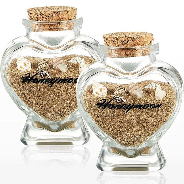 Handwriting Honeymoon Sand Keepsake Jar with Cork Lids Heart Shaped Glass Wish Bottles Romantic Travel Souvenir for Newlyweds Couple (2)