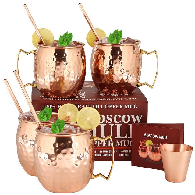 Moscow Mule Copper Mugs - Set of 4- HANDCRAFTED Pure Solid Copper Mugs - 16 oz 4 Cocktail Copper Straws and 1 Shot Glass with Recipe Booklet!