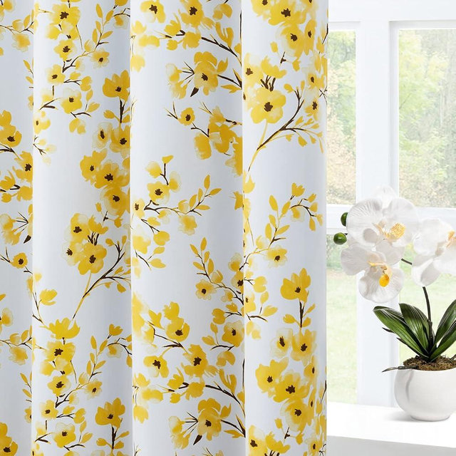 HOMEIDEAS Yellow Floral Blackout Curtains, 52 x 84 Inches Long Room Darkening Flower Grommet Drapes for Living Room, Bedroom, 2 Panels