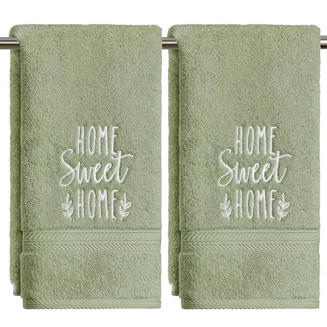 Artoid Mode 2 Pcs Sage Green Home Sweet Home Embroidered Hand Towels for Bathroom, Cotton Soft Absorbent Farmhouse Decor Towels, 13.7 x 29.5 Inch