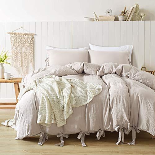 annadaif Duvet Cover Queen(90x90 Inch), 3 Pieces Khaki Ultra Soft Washed Cotton Bowknot Bow Tie Queen Duvet Cover, Easy Care Duvet Cover Set for Men, Women