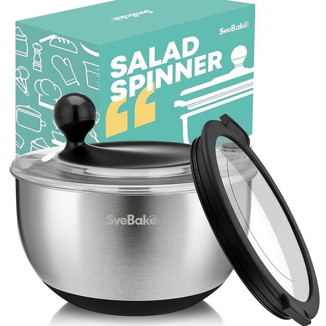 SveBake Stainless Steel Salad Spinner with Storage Lid, 5.3 Qt, BPA-Free, 4-in-1 Multi-Functional Lettuce Spinner, Fruit & Vegetable Washer, Easy Clean, Stop Button, Non-Slip Base