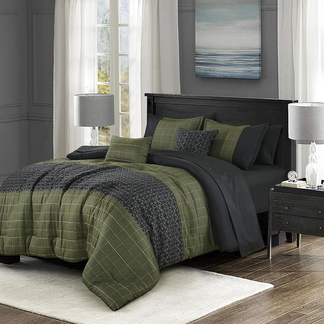 ESCA Bed-in-a-Bag 9-Pieces Olive Comforter and Sheet Set Queen Size Green Bed in Bag