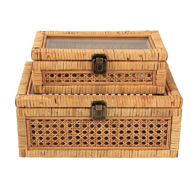 HUAXIN CRAFT H Rattan Box with Lids, Rectangular Woven Case with Glass for Display, Set of 2 Wicker Storage Decoration