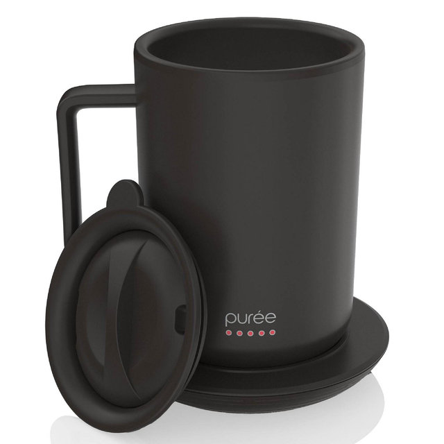 Tzumi Puree Warming Coffee Mug, 12 oz. Stainless Steel Coffee Mug with Mug Warmer Coaster and Lid 