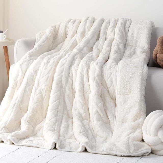 Cottonblue Jacquard Weighted Blanket 15lbs for Queen Ded - Ultra Soft, Cozy Comfort Sherpa Blanket for Relax and Sleep, Heavy Bed Blankets with Cemaric Beads, 60x80 Inches, Cream White
