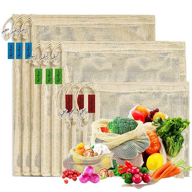 Reusable Organic Cotton Produce Bags - Set of 9 Recyclable Cotton Mesh Bags with Drawstring Tare Weight Biodegradable Eco-Friendly Net-zero Bulk Shopping Storage Bag for Fruit, Vegetable, Toys
