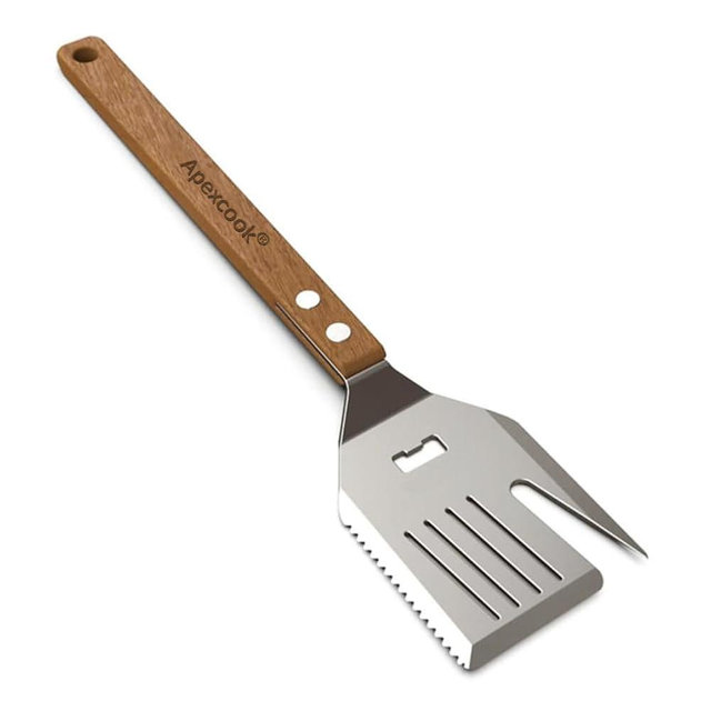 5-in-1 Multifunctional Grill Spatula - Heavy Duty Stainless Steel BBQ Tool with Bottle Opener, Meat Tenderizer & 15.7" Wood Handle for Outdoor Grilling, Camping, Backyard BBQ