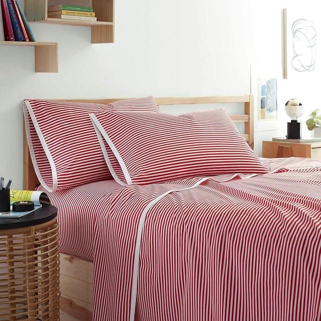 Martex Clean AF Pinstripe Cotton Sheet Set with SILVERbac Antimicrobial Technology, Red, King,