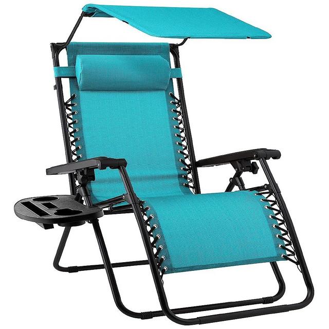 Best Choice Products Folding Zero Gravity Outdoor Recliner Patio Lounge Chair w/Adjustable Canopy Shade, Headrest, Side Accessory Tray, Textilene Mesh - Peacock Blue