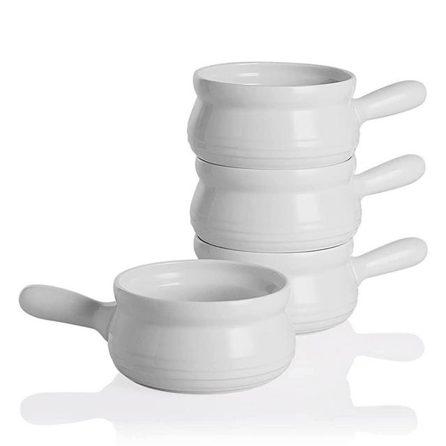 SWEEJAR Porcelain Soup Bowls with Handle, 22 OZ Ceramic Serving Crocks for French Onion Soup, Pumpkin Soup, Oatmeal, Stew, Dishwasher and Microwave Safe, Set of 4 （White）