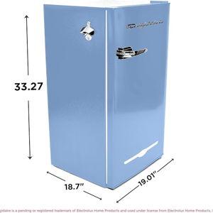 Blue-Frigidaire Retro Compact Fridge with Chiller, 3.2 cu ft Countertop Fridge with Built-In Bottle Opener, Compact Refrigerator for Office, Bedroom, Dorm Room or Cabin - 16.5" D x 19" W x 31" H (Blue)