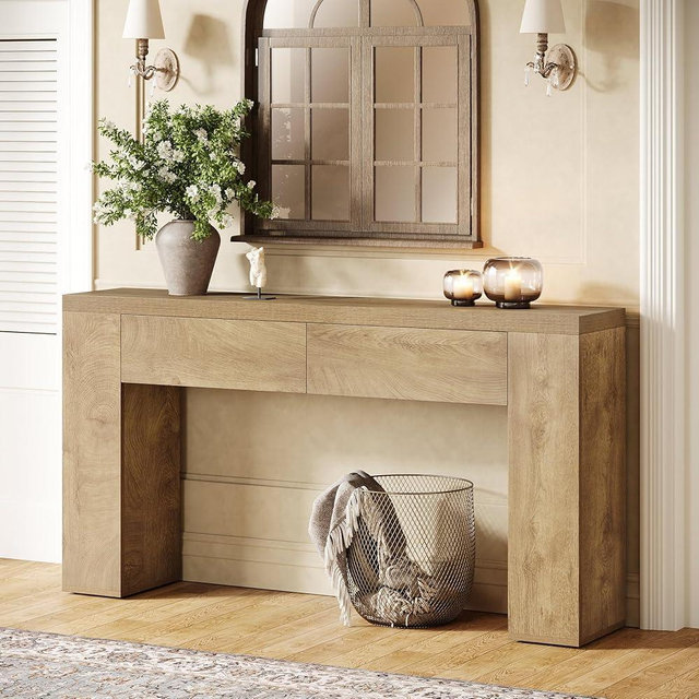 Tribesigns 63-Inch Wooden Foyer Table with with 2 Hidden Drawers, Farmhouse Console Table for Living Room, Hallway, Entrance, Easy Assembly (Brown)