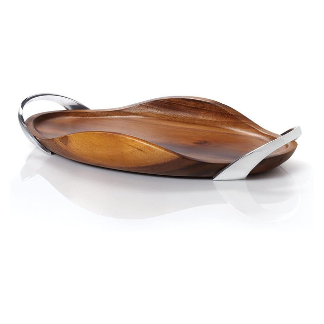 Nambe Bella Alloy and Acacia Wood Handled Tray