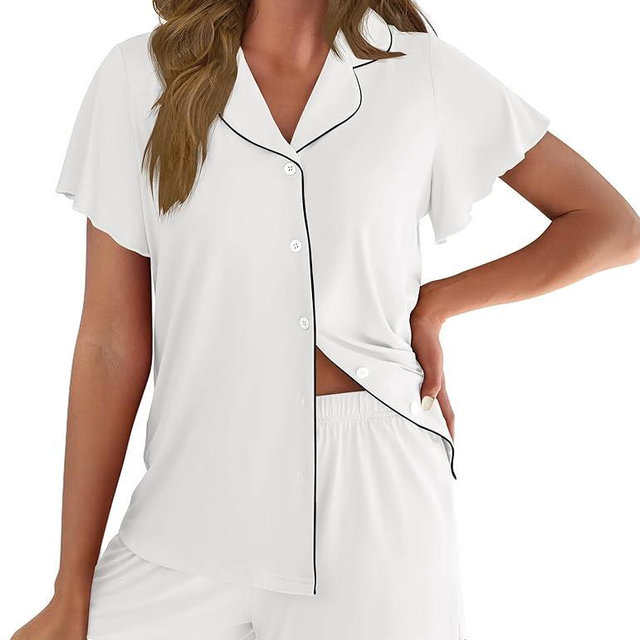 Ekouaer Pajamas for Women Set Button Up Pjs Short Sleeve Ruffle Sleepwear Notch Collar Bride Soft Pj Lounge Sets S-XXL