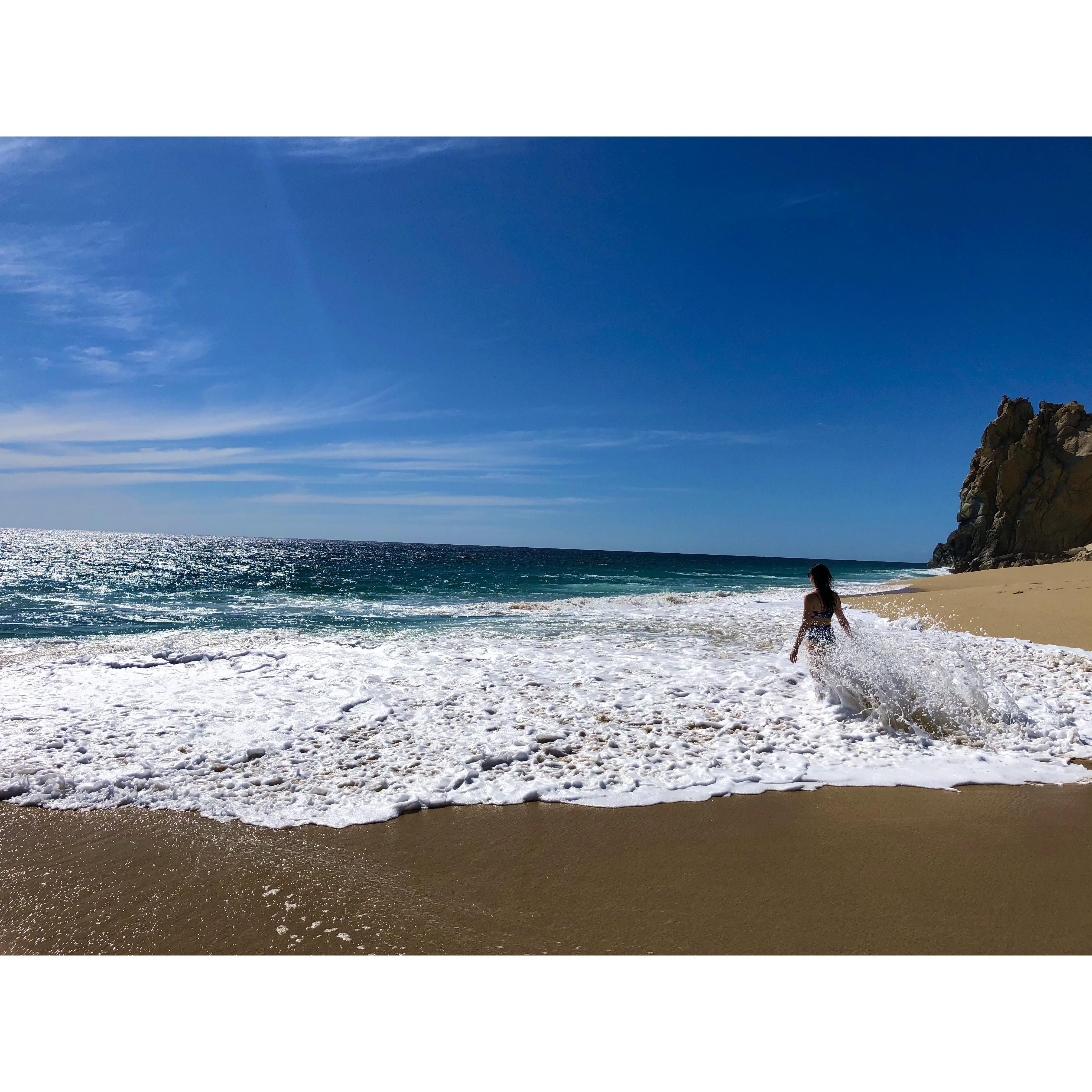 Playa del Divorcio (Divorce Beach) in Cabo San Lucas.
Rent a boat right in the marina that will take you to view the famous "arches" and walk down Lovers and Divorce beach for a few hours.