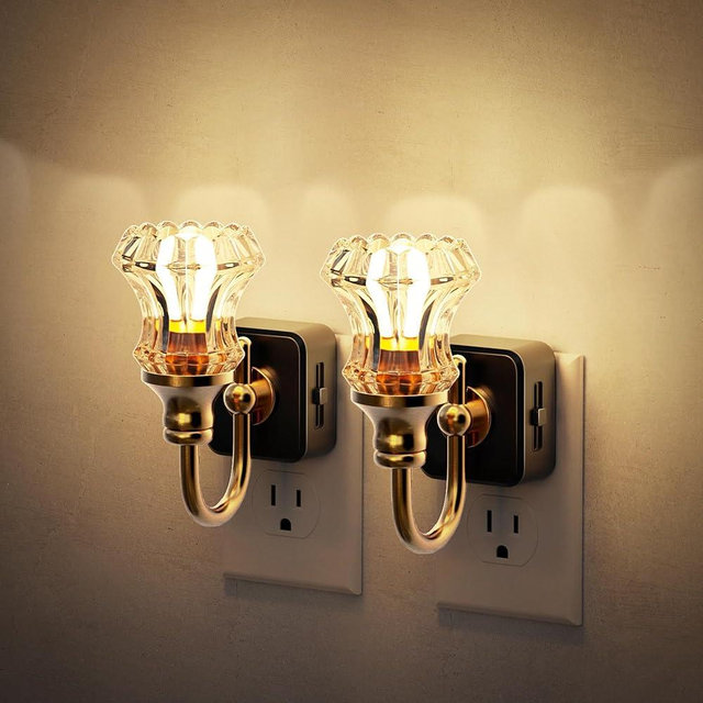 JandCase Night Light, 2Pack Night Lights Plug into Wall, Dimmble Floral Glass LED Nightlight, 0-100 LM Flower Nightlights, Dusk to Dawn Sensor, 1W Vintage Nite Light for Bathroom Gift Vanity Decor
