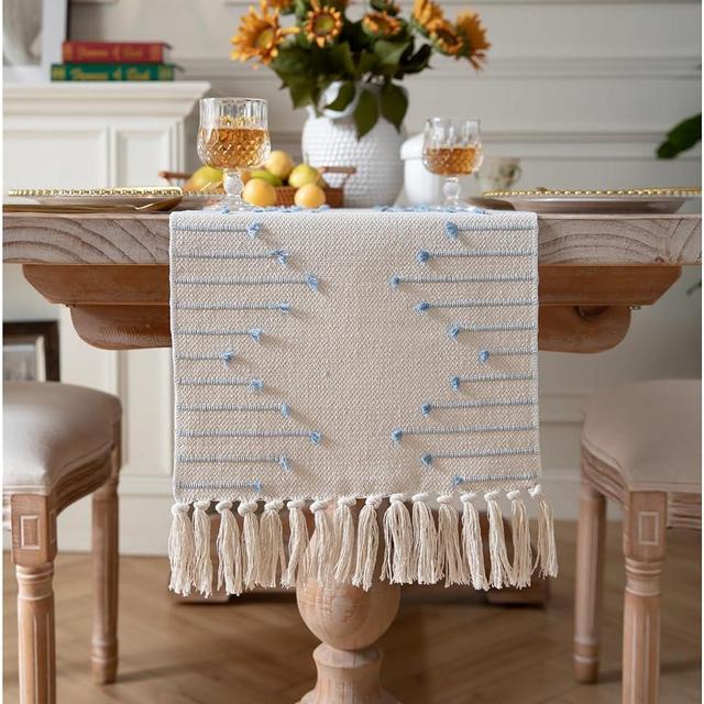 Boho Table Runner 13 x 90 Inch Long Natural Cotton Woven Runner with Tassels for Home Dining Table décor, for Modern Farmhouse Decor Coffee Table Runner, Light Blue and Beige