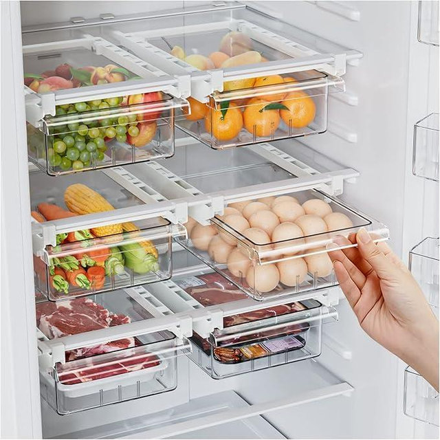 2 Pack Refrigerator Drawer Organizer, Pull Out Shelf Storage Transparent Organizer for Egg, Fruit, Vegetable, Seafood, Meat, Fit All Fridge Shelves Under 0.6''