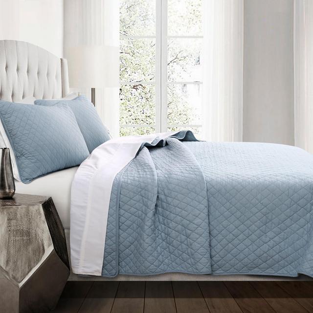 Full/Queen 3pc Ava Diamond Oversized Cotton Quilt Set Blue - Lush Décor