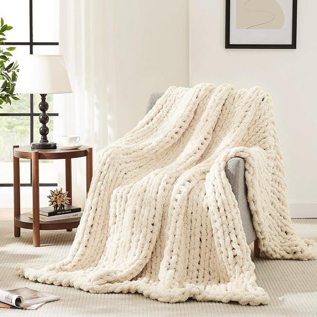 L'AGRATY Chunky Knit Blanket Throw,Soft Chenille Yarn Throw Blanket 30x40，Handmade Thick Cable Knit Crochet Blanket,Large Knit Blanket Chunky Yarn,Rope Knot Throw Blanket for Couch Home Decor